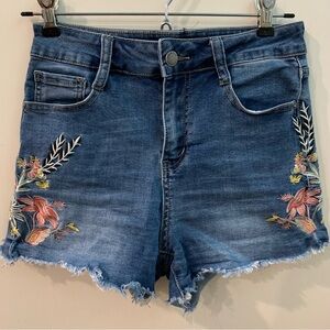 Embroidered Floral High Rise Denim Fray Shorts Fire & Rain Cut Off Size 1